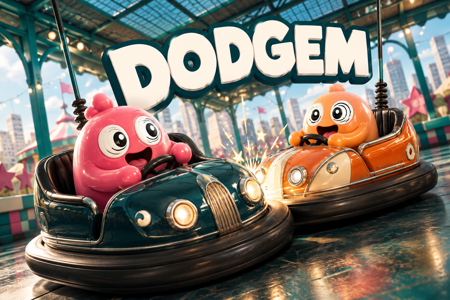 DODGEM illustrated cover: pink and orange Woozy characters bumping cars at a sunny fairground