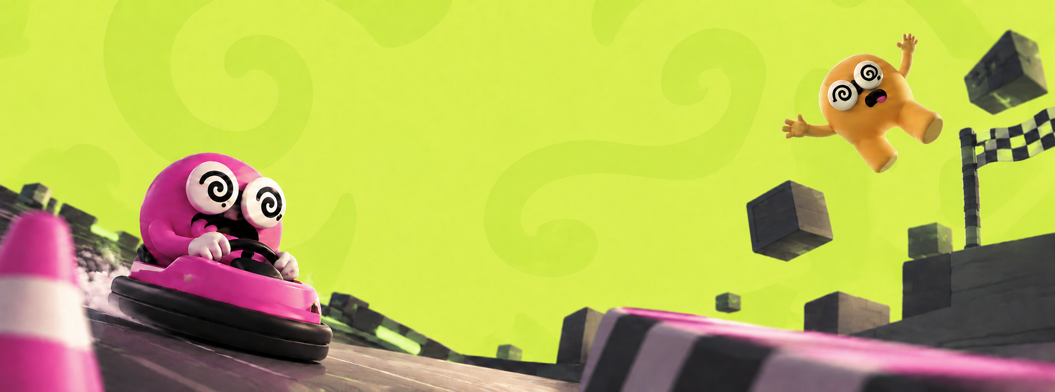 Woozy Games: a pink character racing a bumper car and an orange character jumping through a lime-green arcade world